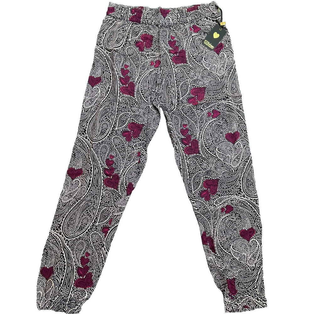 PJ Salvage Pants Womens Medium Black Pink Hearts Paisley‎ Taper Lightweight